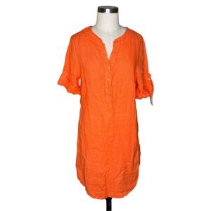 PURO LINO Tunic Dress Orange 100% Linen Roll-Tab Women's Size‎ Large Lagenlook